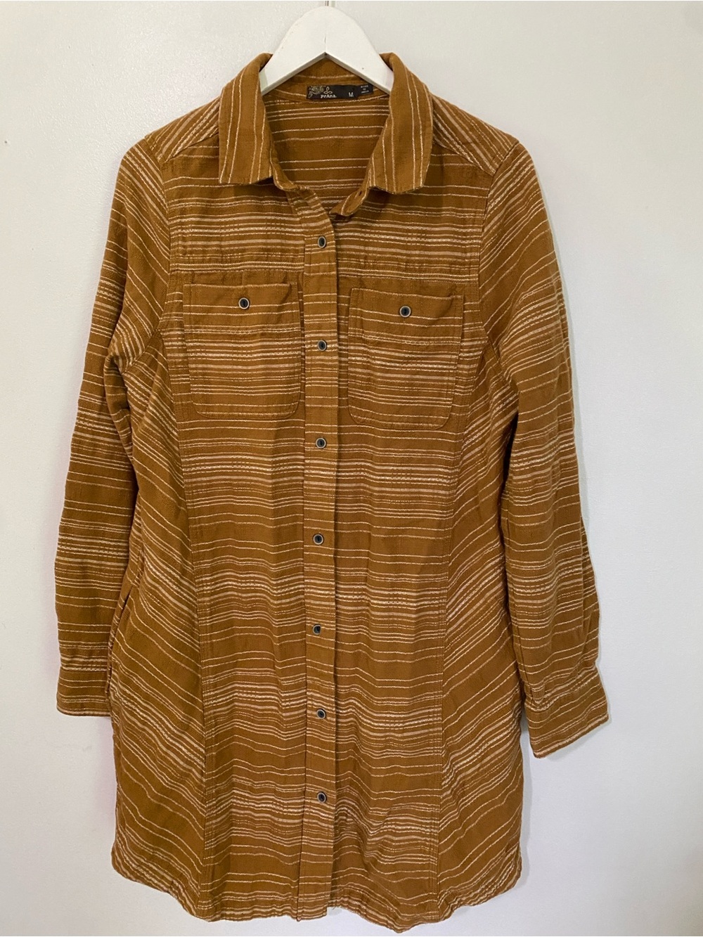 PRANA Striped Button-Front Tunic Shirt Dress Mustard Orange Brown